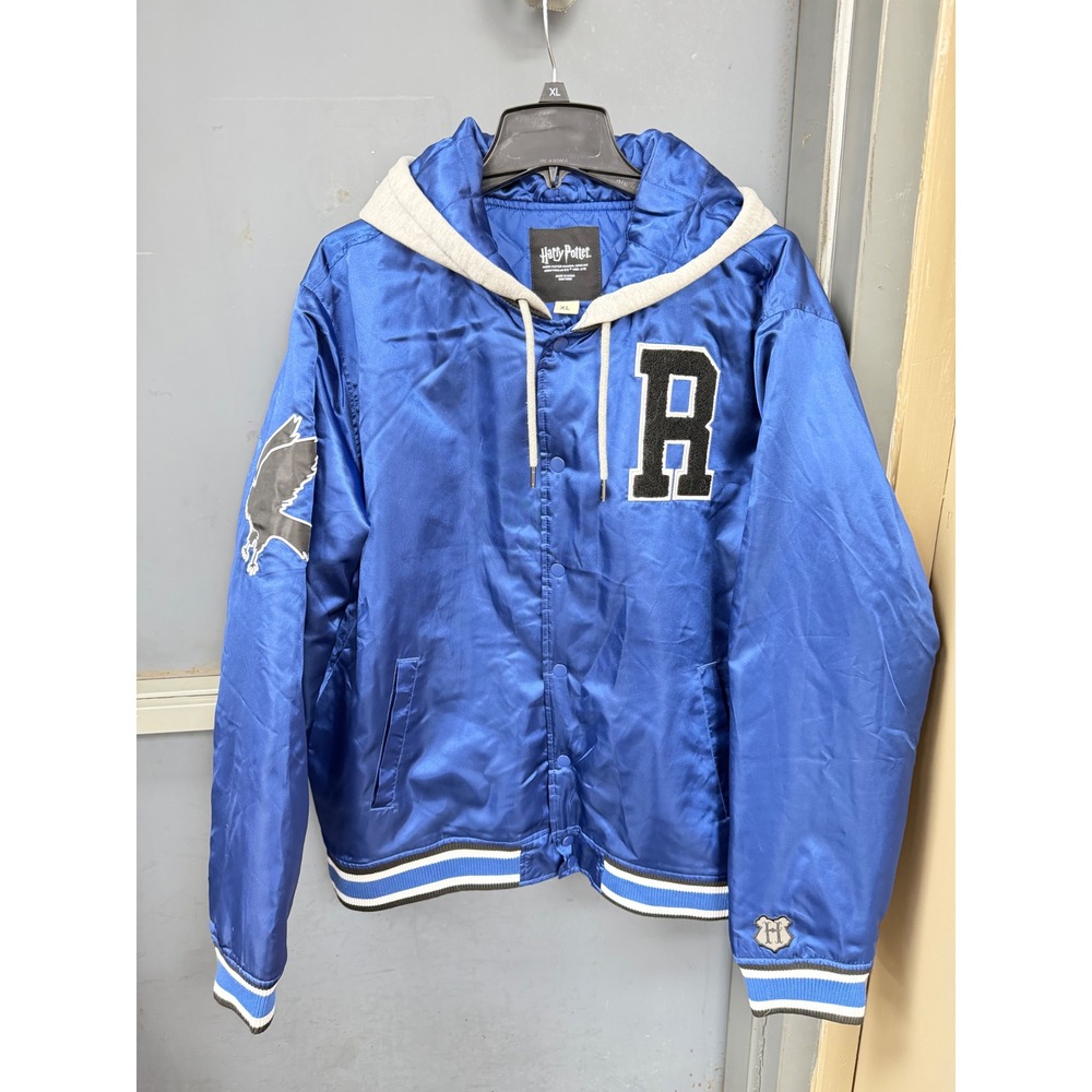 Harry Potter Ravenclaw Varsity Jacket Blue Satin Hooded Bomber Mens XL
